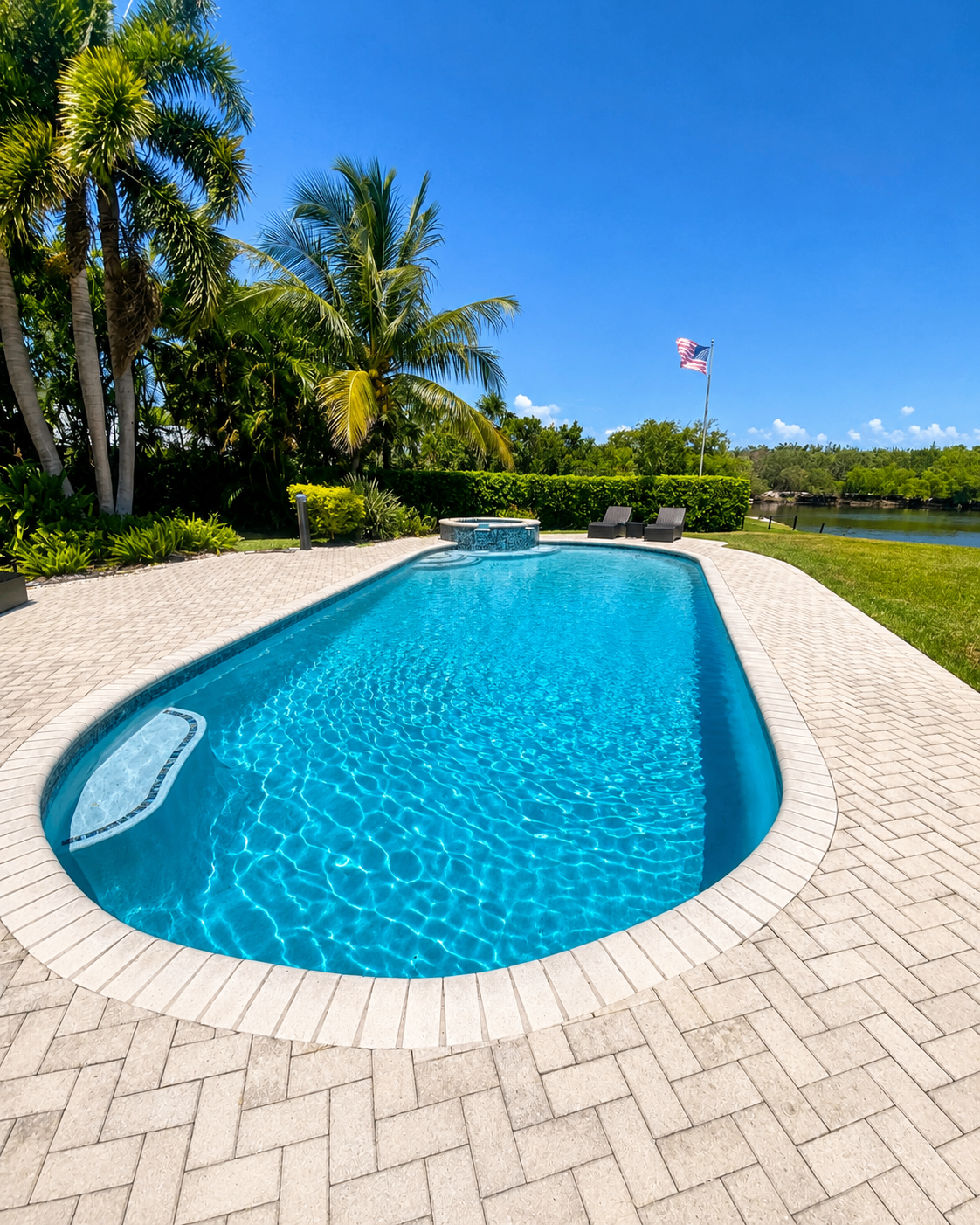 Modern pool with travertine deck by Forben Construction
